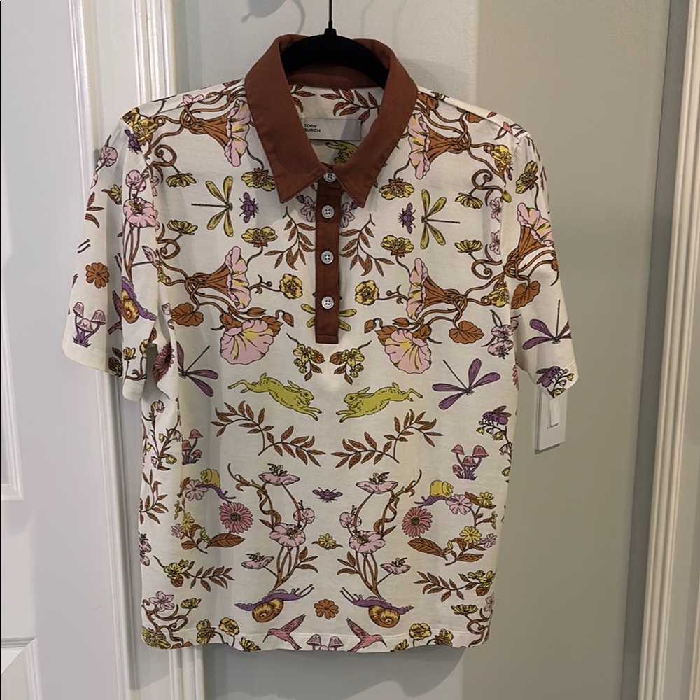 Tory Burch Brown and Cream Floral Polo